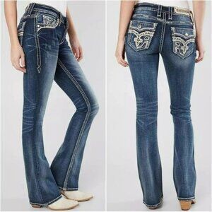 Rock Revival Barby Bootcut Jeans Size 28 Orange Embroidery & Fleur-De-Lis Button